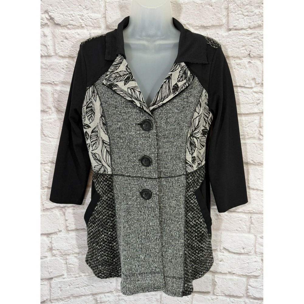 Ali Miles Knit Cardigan Jacket Small Pockets Floral Patchwork Artsy Wool Blend